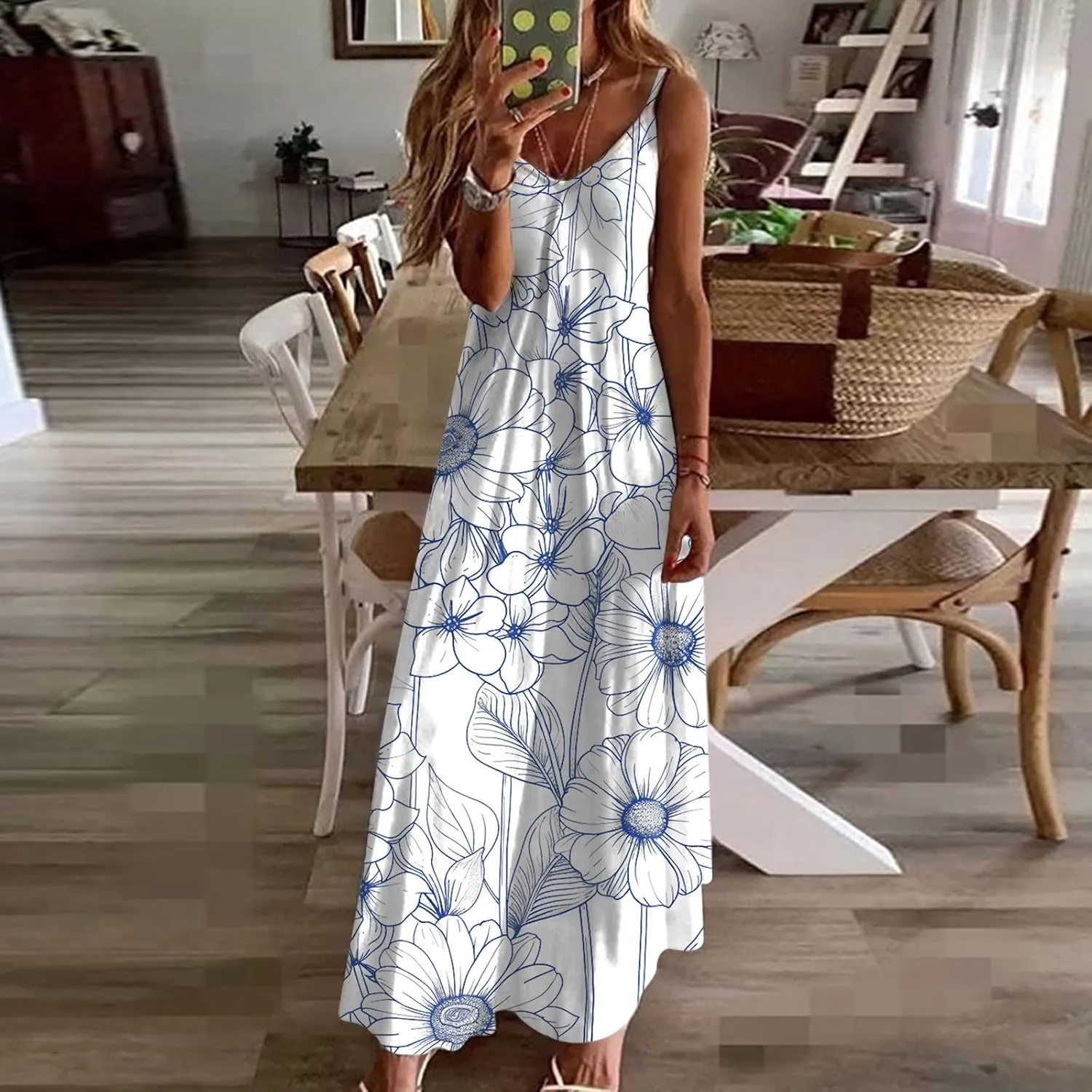 Summer Dresses for Women 2025 Beach Vacation Sexy Spaghetti Strap v Neck Sun Dress Flowy Maxi Long Sundresses Trendy