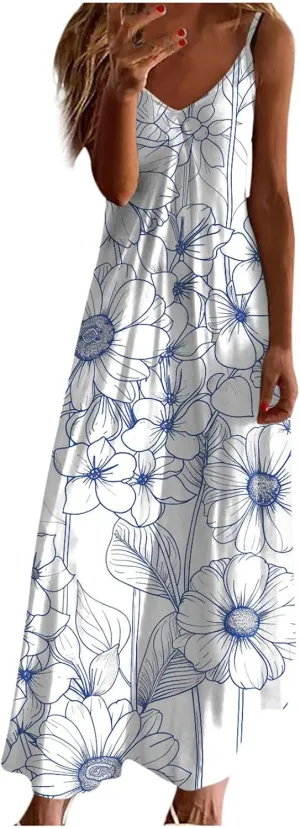 Summer Dresses for Women 2025 Beach Vacation Sexy Spaghetti Strap v Neck Sun Dress Flowy Maxi Long Sundresses Trendy