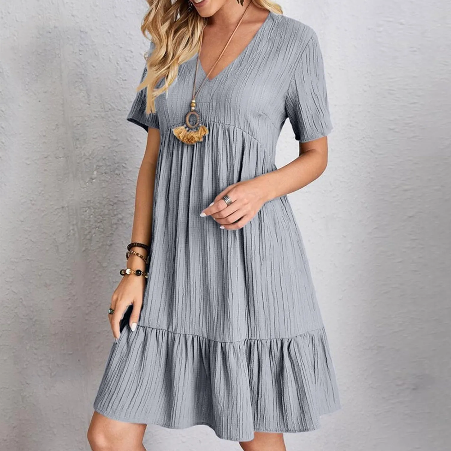 Summer Dresses for Women 2025 Casual Short Sleeve V Neck Midi Dress Pleated Tiered A Line Flowy Sundresses Vacation Clothes