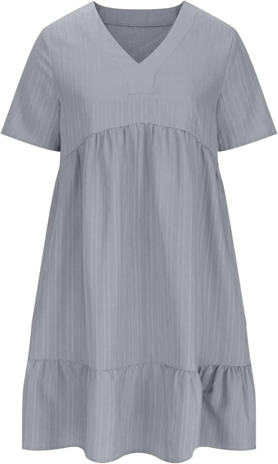 Summer Dresses for Women 2025 Casual Short Sleeve V Neck Midi Dress Pleated Tiered A Line Flowy Sundresses Vacation Clothes