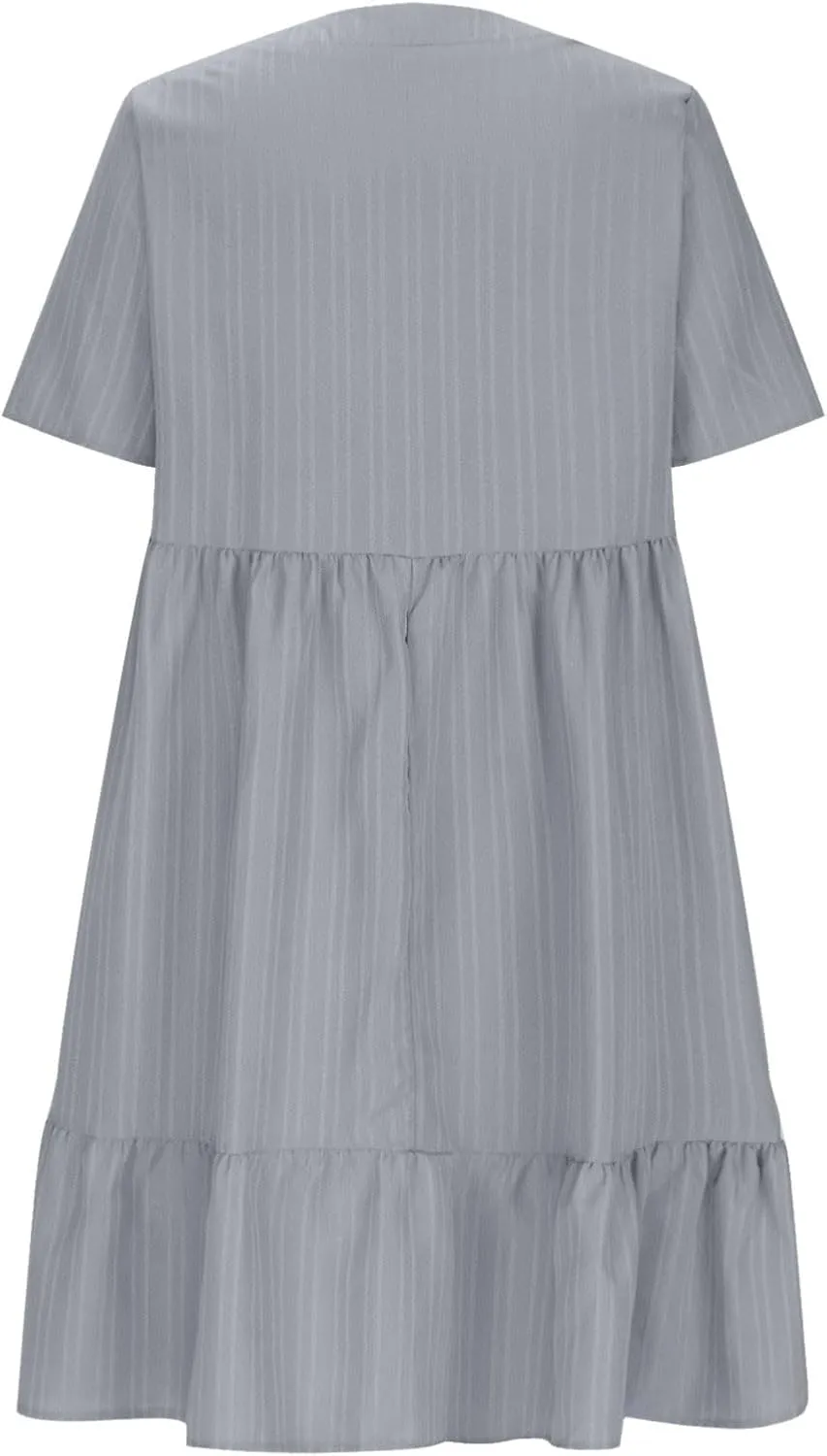 Summer Dresses for Women 2025 Casual Short Sleeve V Neck Midi Dress Pleated Tiered A Line Flowy Sundresses Vacation Clothes