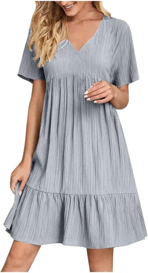 Summer Dresses for Women 2025 Casual Short Sleeve V Neck Midi Dress Pleated Tiered A Line Flowy Sundresses Vacation Clothes