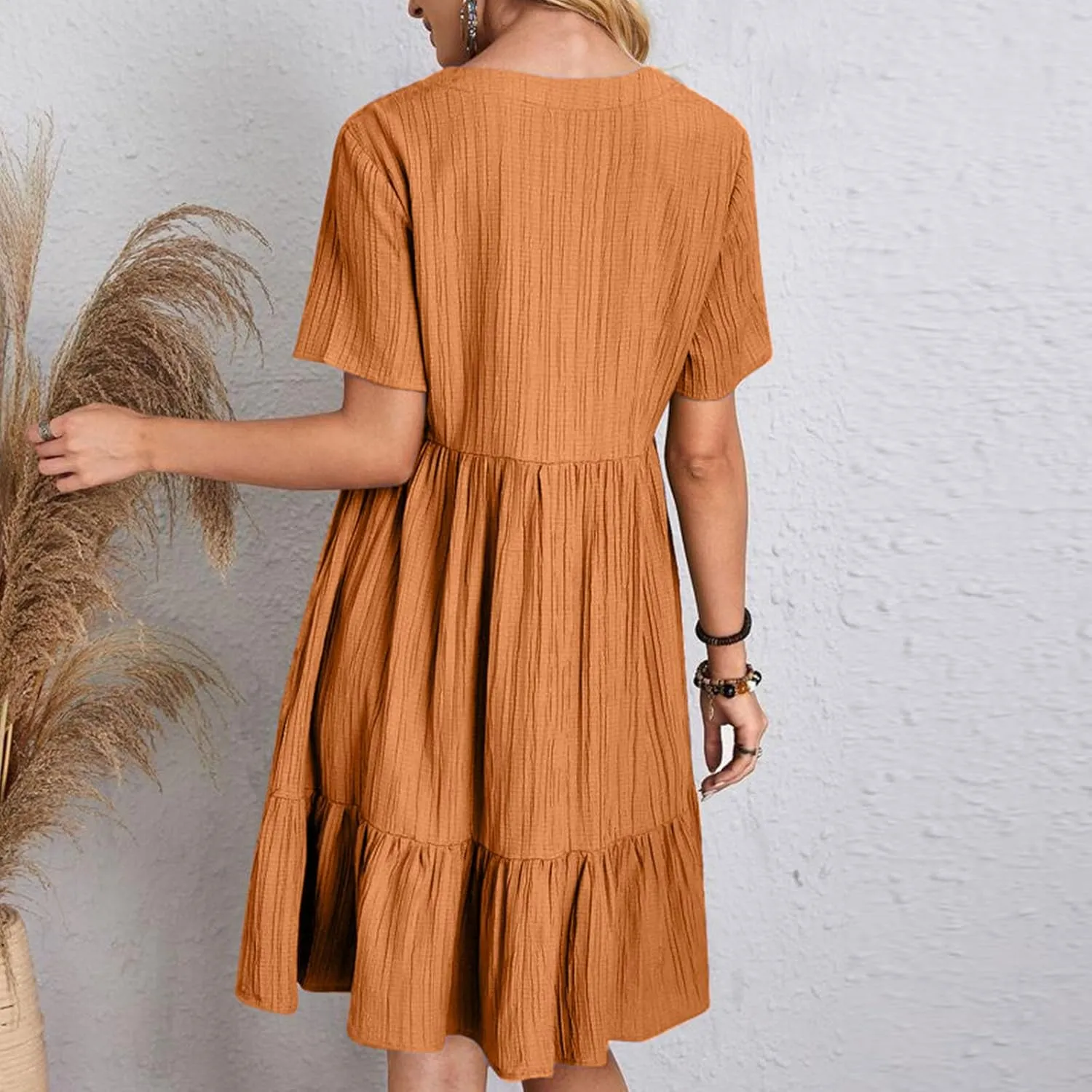Summer Dresses for Women 2025 Vacation Short Sleeve v Neck Mini T Shirt Dress Pleated Ruffle Flowy Beach Sundresses