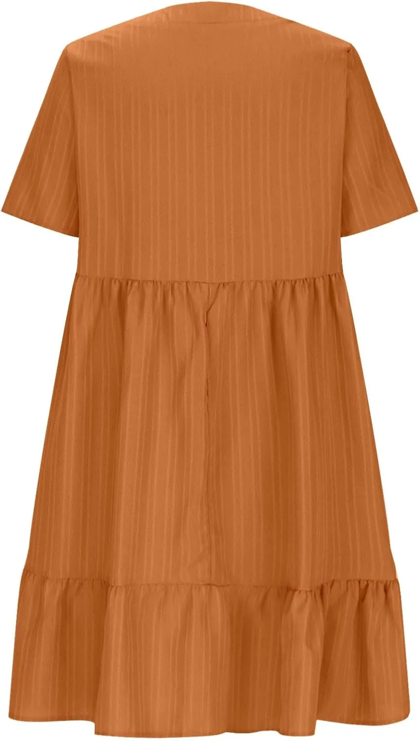 Summer Dresses for Women 2025 Vacation Short Sleeve v Neck Mini T Shirt Dress Pleated Ruffle Flowy Beach Sundresses