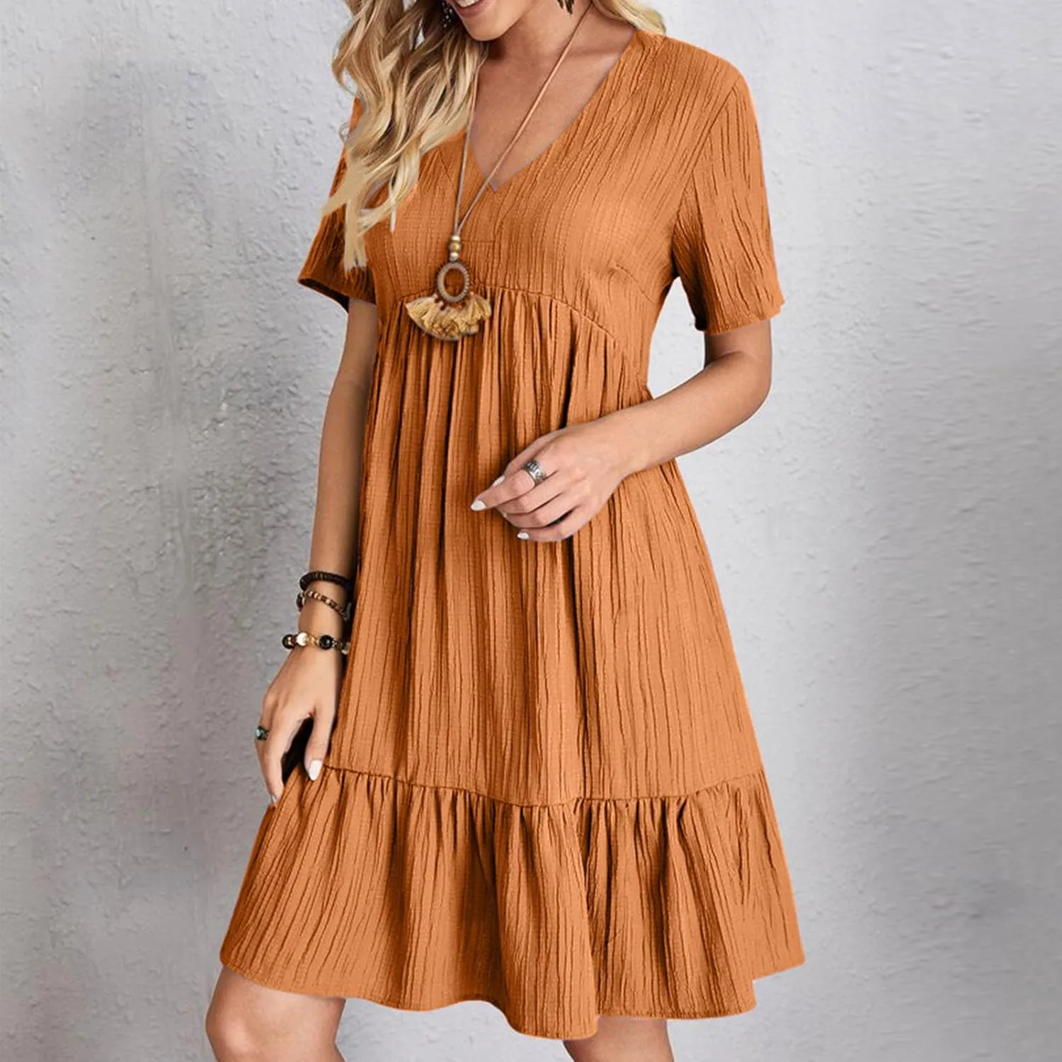 Summer Dresses for Women 2025 Vacation Short Sleeve v Neck Mini T Shirt Dress Pleated Ruffle Flowy Beach Sundresses