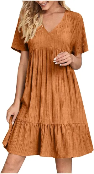 Summer Dresses for Women 2025 Vacation Short Sleeve v Neck Mini T Shirt Dress Pleated Ruffle Flowy Beach Sundresses