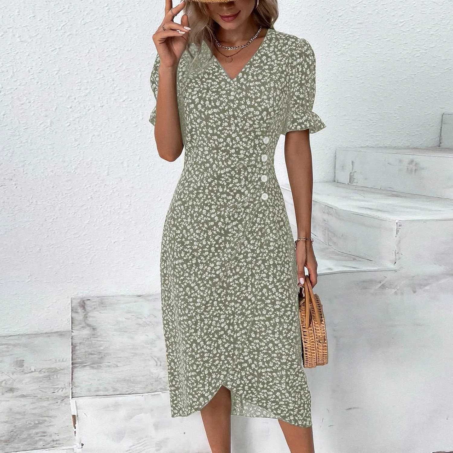 Summer Dresses Women Puff Sleeve Wrap Midi Dresses for Women Summer Womens Dresses Casual