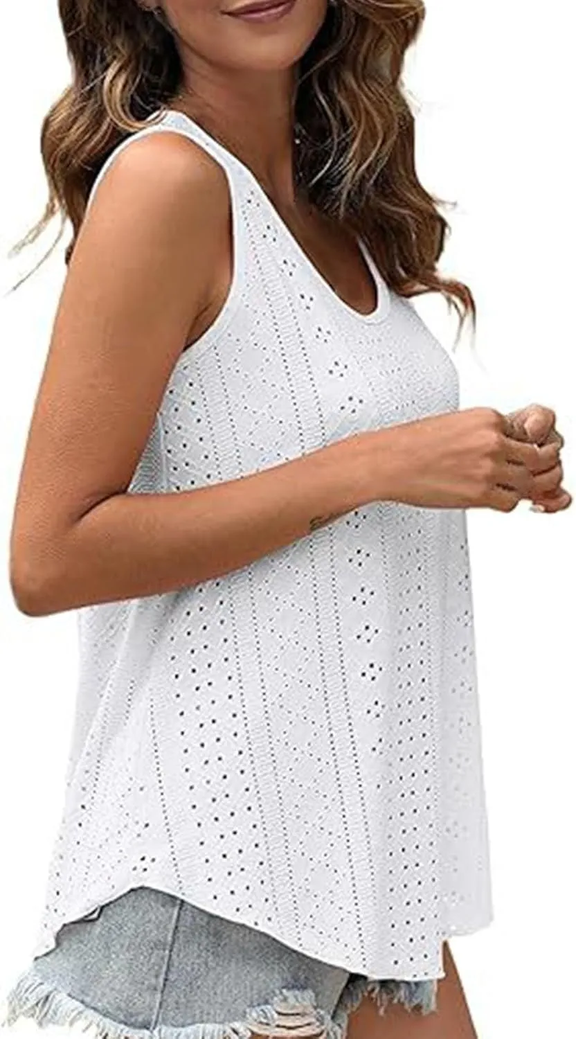 Summer Flowy Tank Tops for Women Sleeveless Scoop Neck Eyelet Shirts Loose Fit Casual Blouse Comfy Breathable Tunics