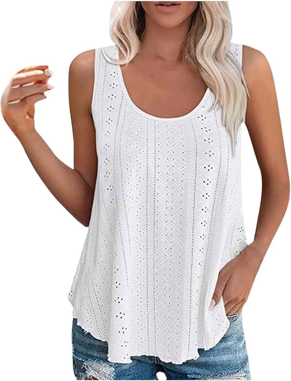 Summer Flowy Tank Tops for Women Sleeveless Scoop Neck Eyelet Shirts Loose Fit Casual Blouse Comfy Breathable Tunics