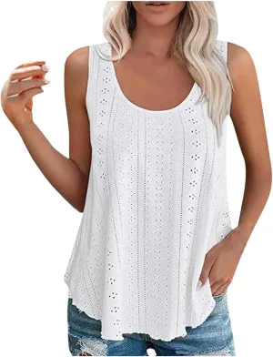 Summer Flowy Tank Tops for Women Sleeveless Scoop Neck Eyelet Shirts Loose Fit Casual Blouse Comfy Breathable Tunics