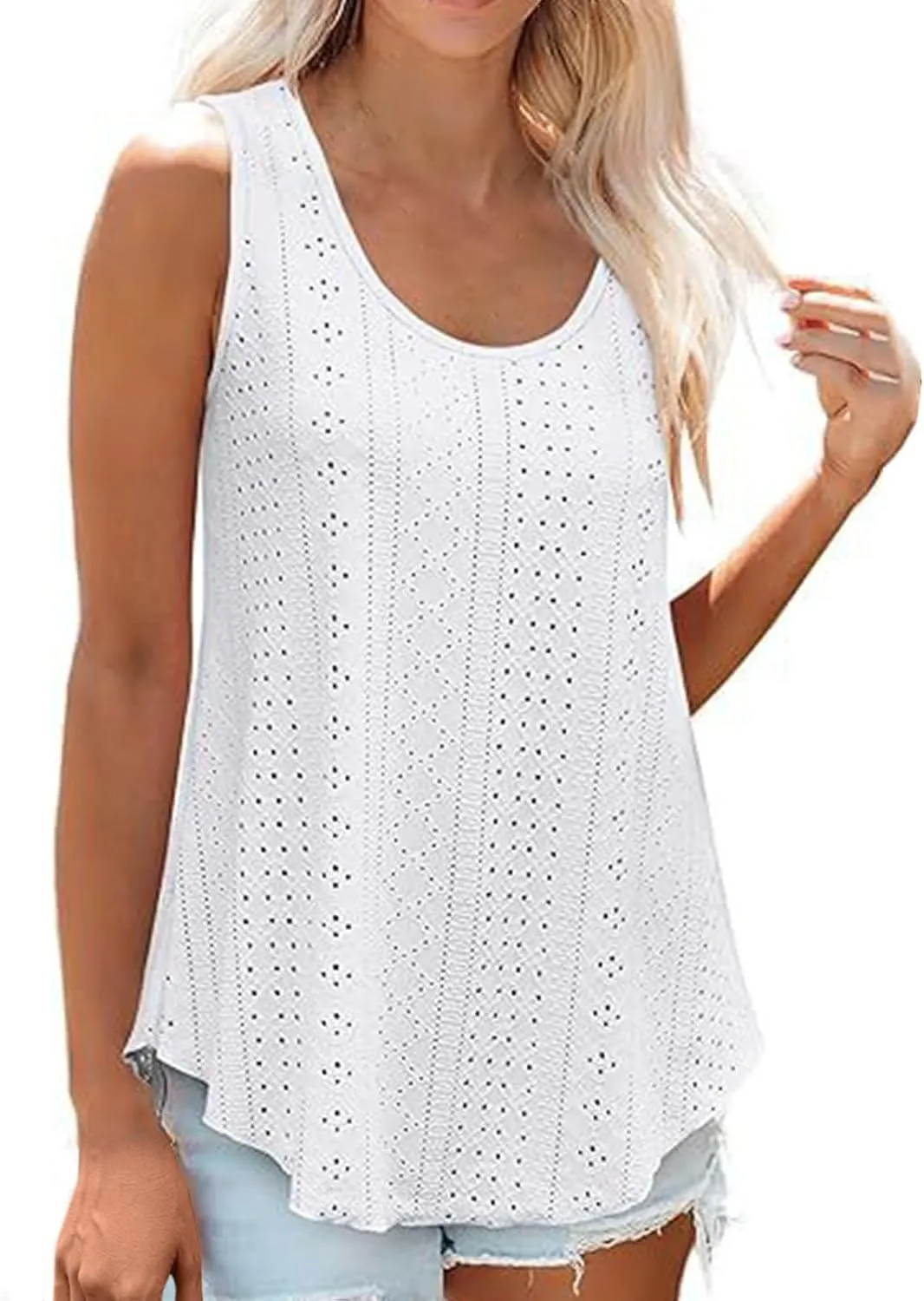 Summer Flowy Tank Tops for Women Sleeveless Scoop Neck Eyelet Shirts Loose Fit Casual Blouse Comfy Breathable Tunics