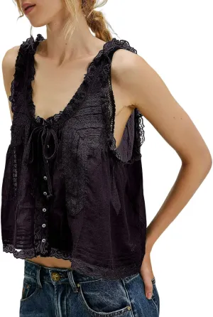 Summer Lace Camisole Tank Top for Women Cute Boho Tie Front Beach Y2K Sleeveless Shirt Crop Button Going Out Cami Tee