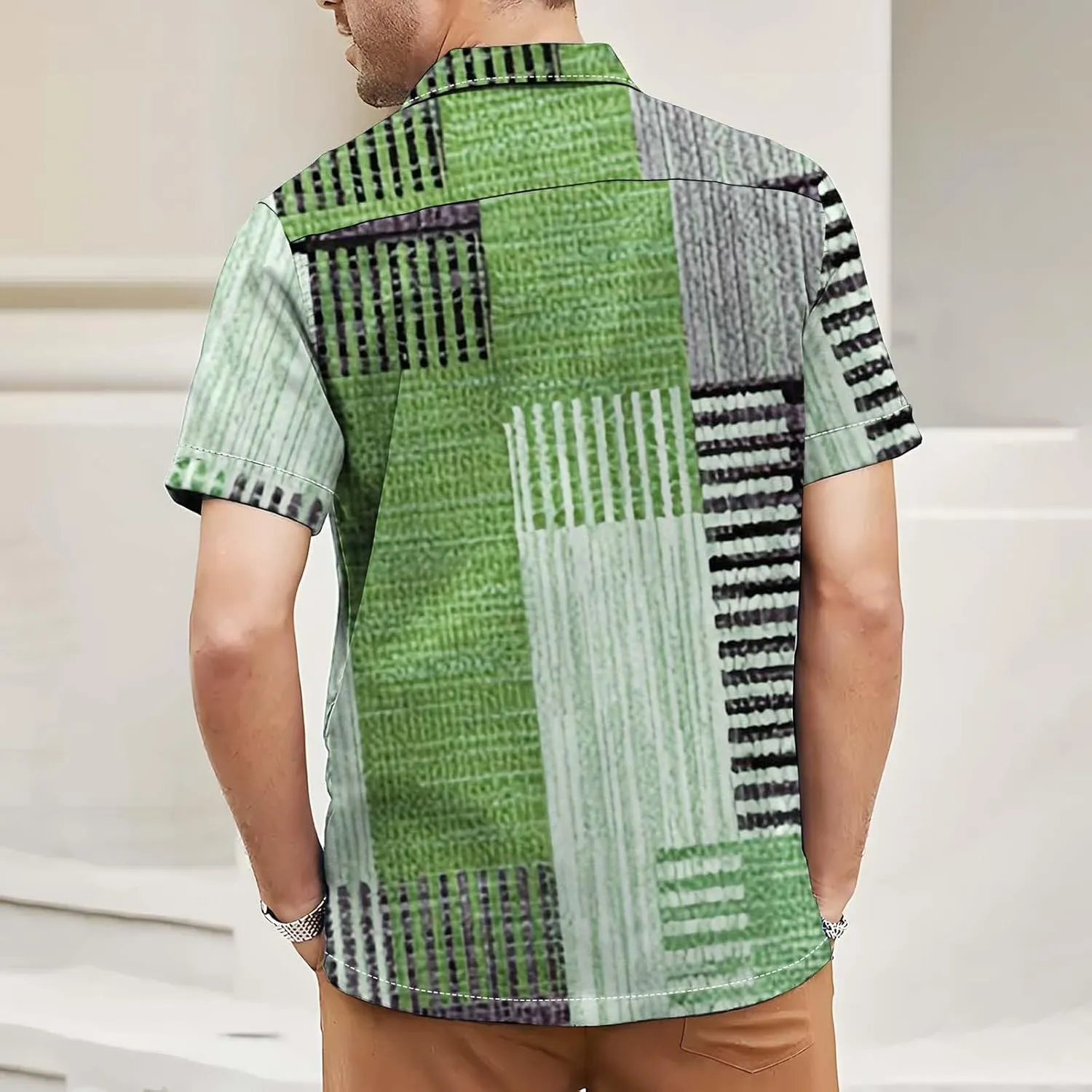 Summer Plaid Contrast Mexican Shirts for Men Short Sleeve Geometric Hawaiian Shirts Button Up Guayabera Tartan Shirt