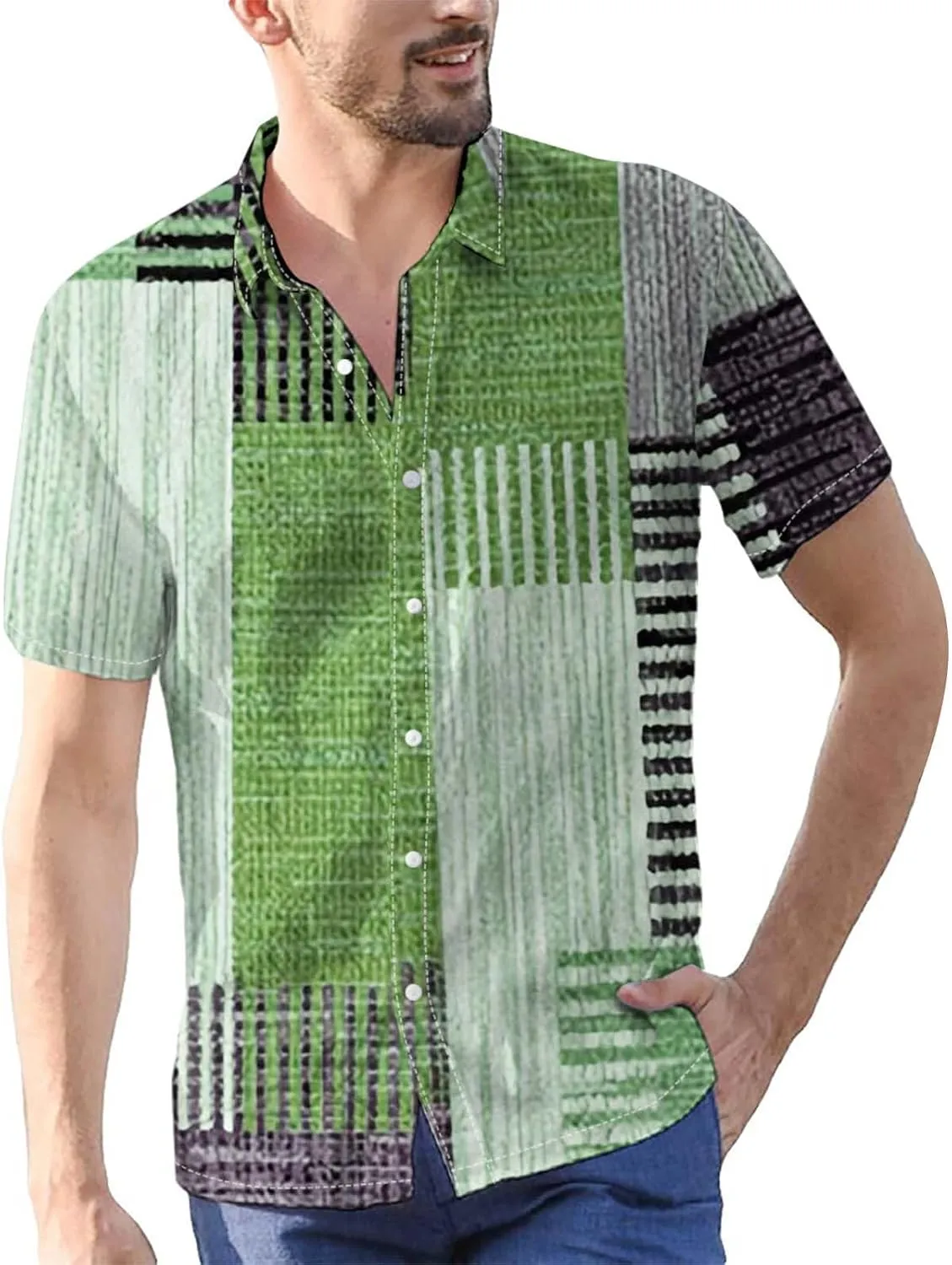 Summer Plaid Contrast Mexican Shirts for Men Short Sleeve Geometric Hawaiian Shirts Button Up Guayabera Tartan Shirt