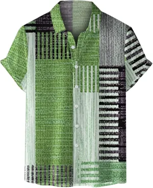Summer Plaid Contrast Mexican Shirts for Men Short Sleeve Geometric Hawaiian Shirts Button Up Guayabera Tartan Shirt