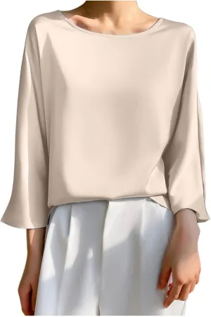Summer Round Neck 3/4 Sleeve Tees for Women Loose Draping Silk Smooth Satin T-Shirt Work Tops Dressy Business Blouse