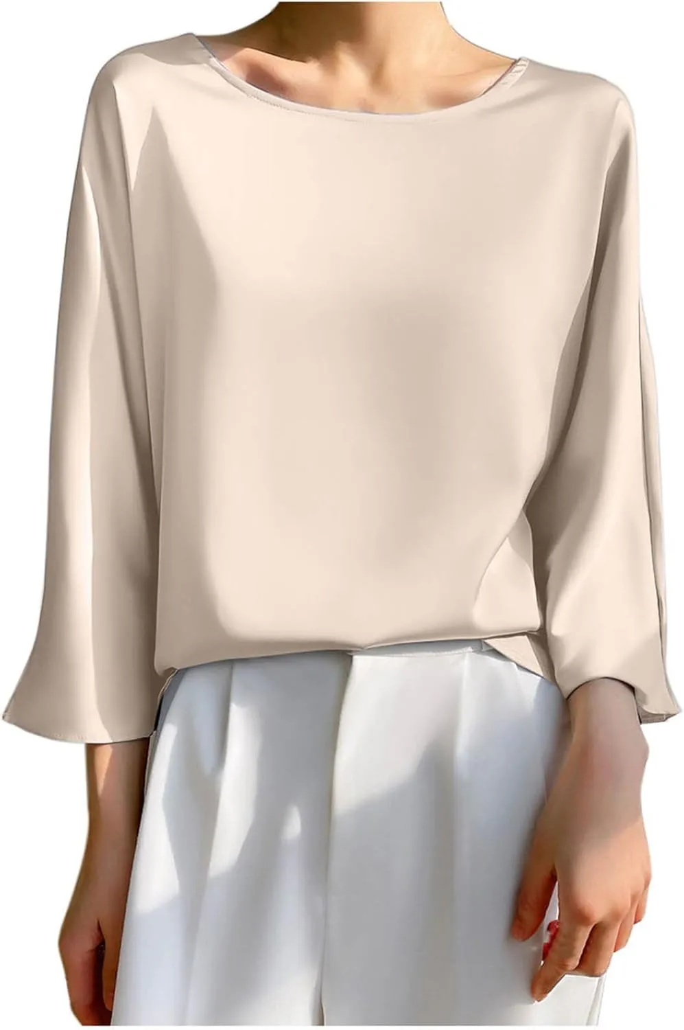 Summer Round Neck 3/4 Sleeve Tees for Women Loose Draping Silk Smooth Satin T-Shirt Work Tops Dressy Business Blouse