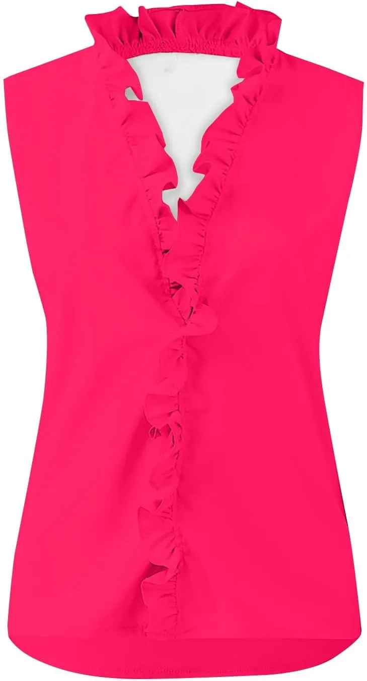 Summer Sleeveless Shirts Women Elegant Ruffle Front Vneck Business Casual Work Tank Tops Stylish Beach Hippie Blouses