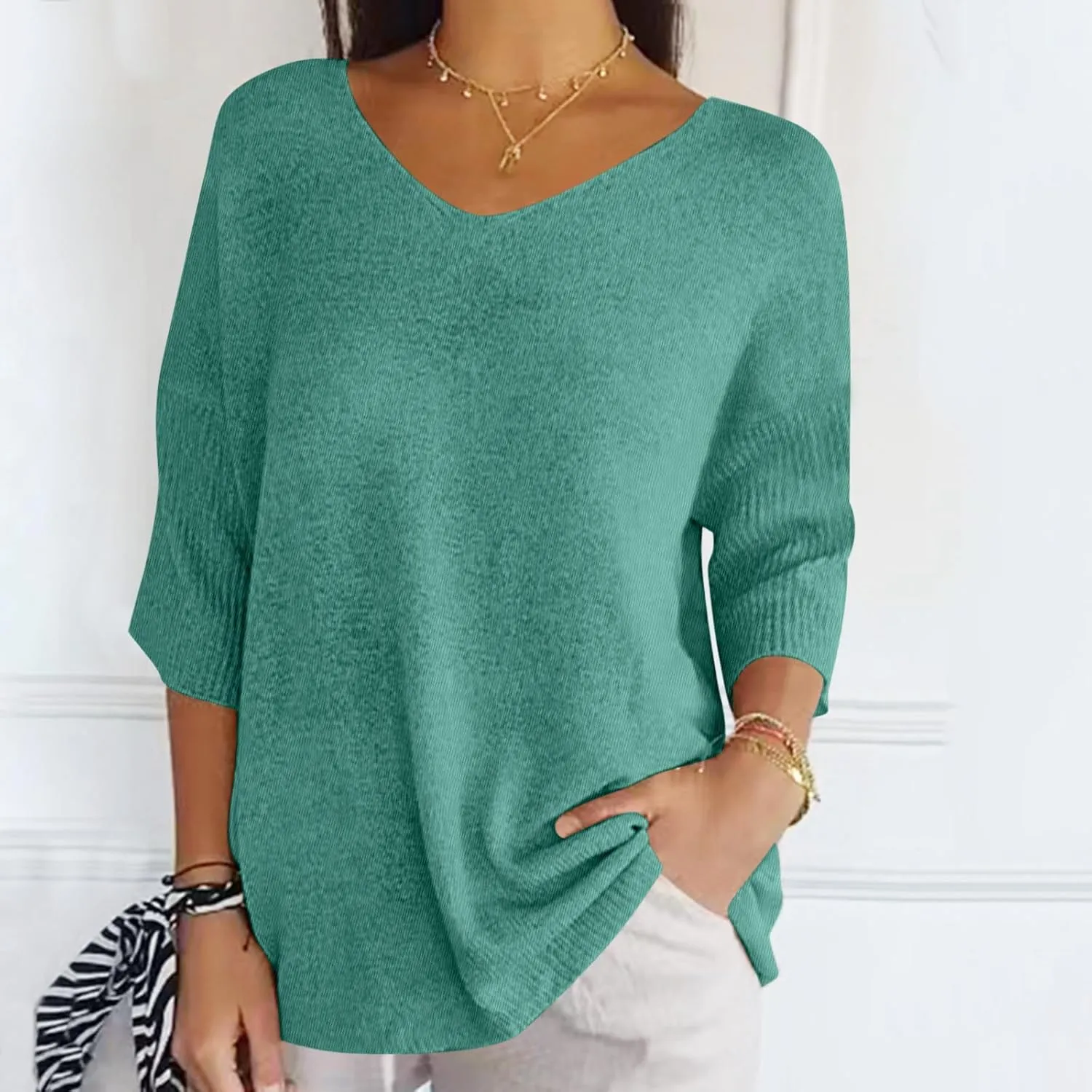 Summer Sweaters for Women 3/4 Sleeve Oversized Top V Neck Loose Fit Ribbed T Shirt Solid Color Casual Blouse