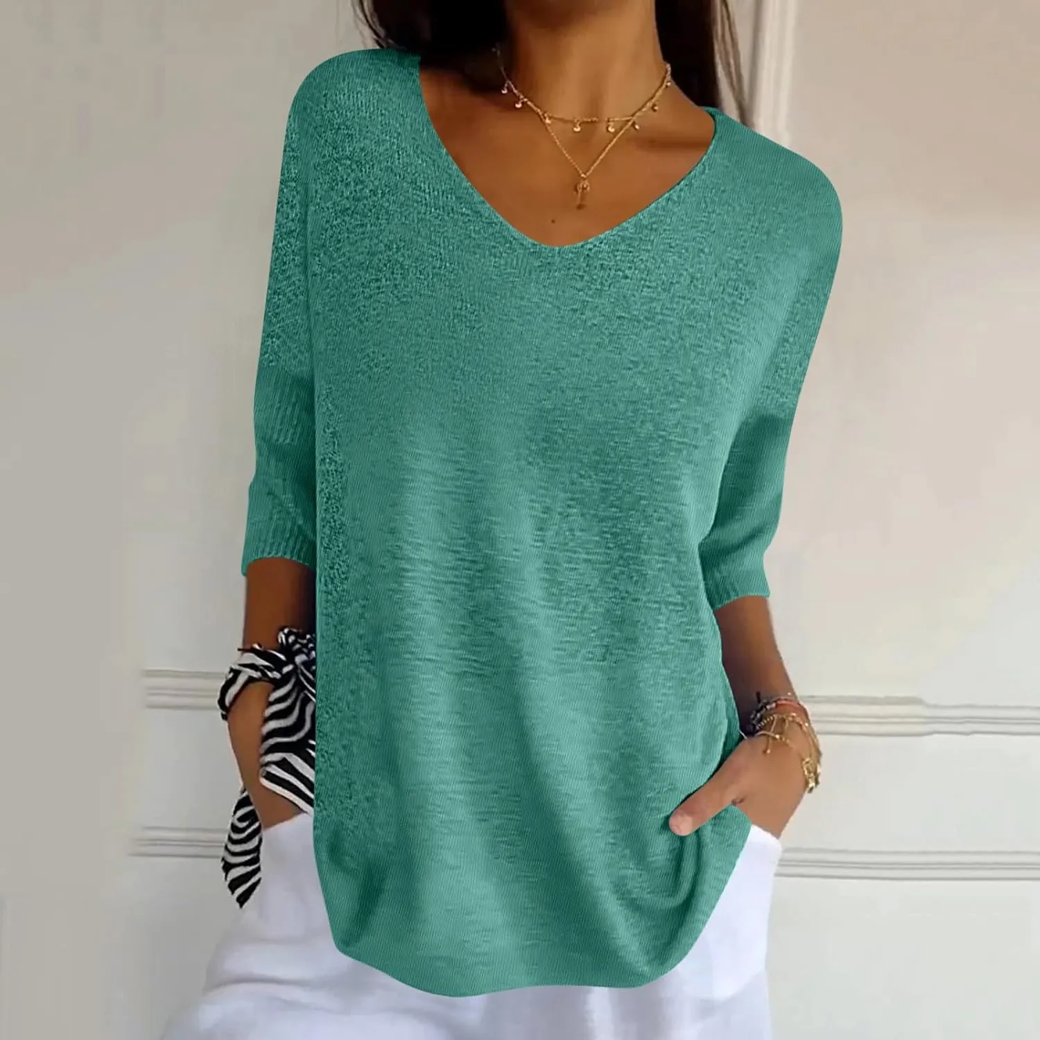 Summer Sweaters for Women 3/4 Sleeve Oversized Top V Neck Loose Fit Ribbed T Shirt Solid Color Casual Blouse