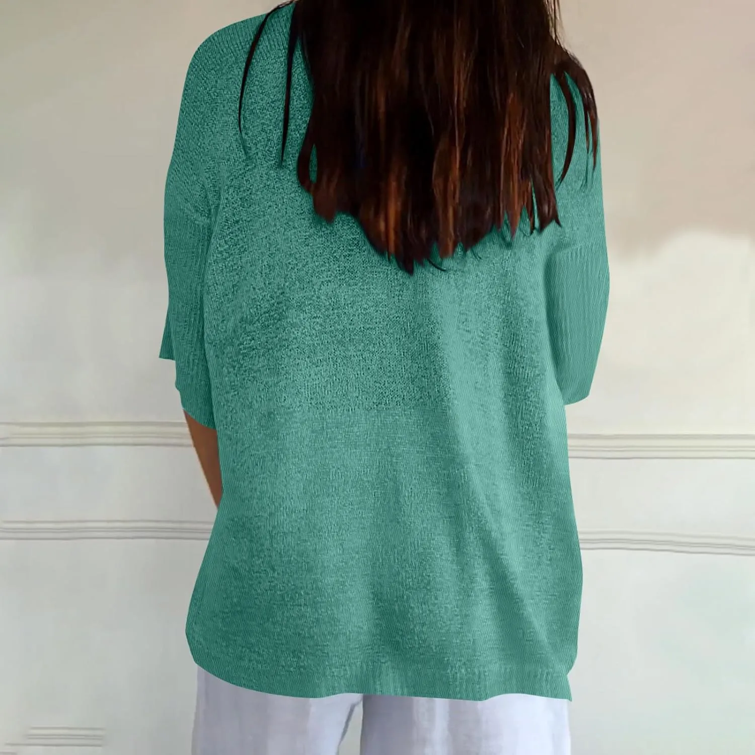 Summer Sweaters for Women 3/4 Sleeve Oversized Top V Neck Loose Fit Ribbed T Shirt Solid Color Casual Blouse