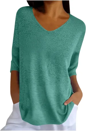 Summer Sweaters for Women 3/4 Sleeve Oversized Top V Neck Loose Fit Ribbed T Shirt Solid Color Casual Blouse