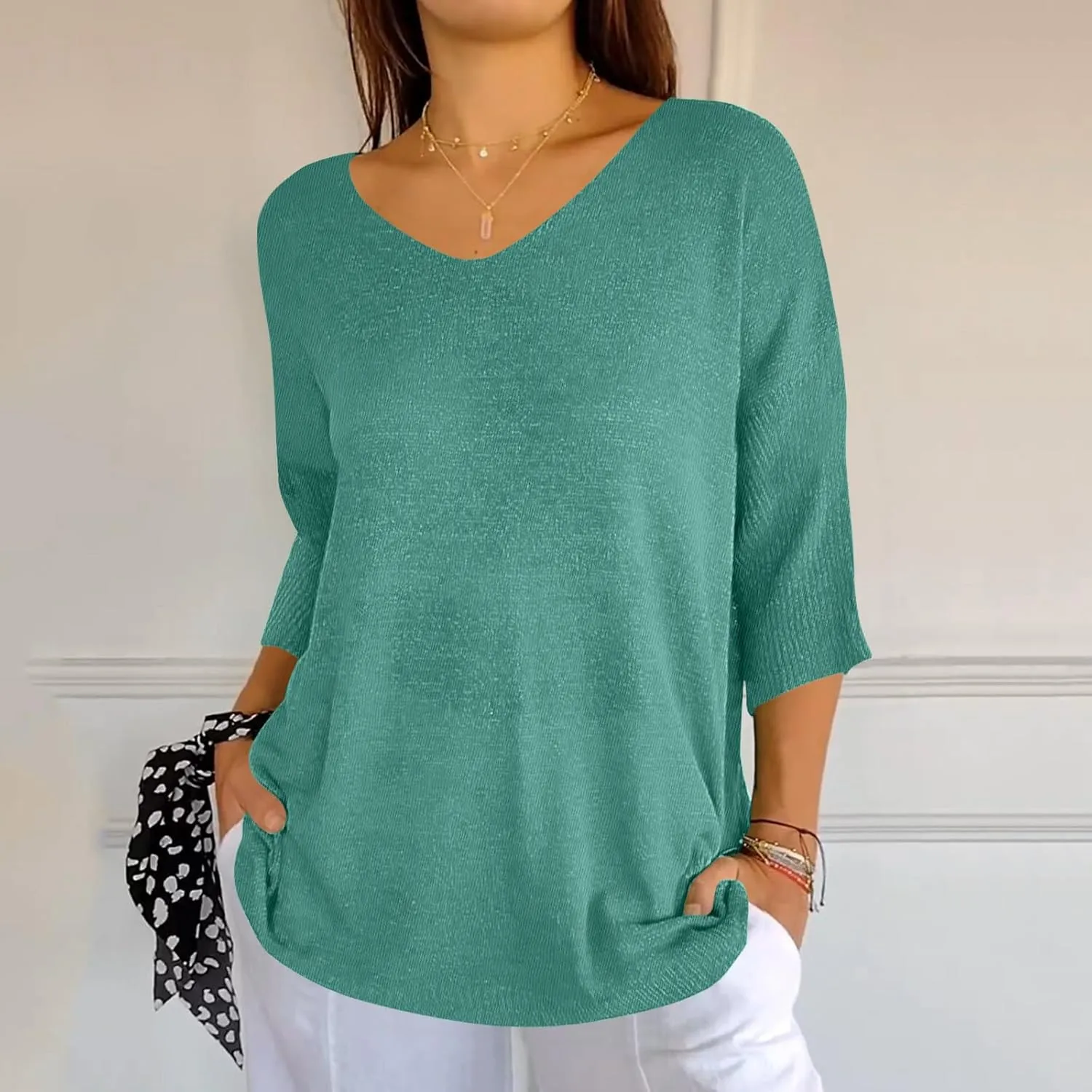 Summer Sweaters for Women 3/4 Sleeve Oversized Top V Neck Loose Fit Ribbed T Shirt Solid Color Casual Blouse