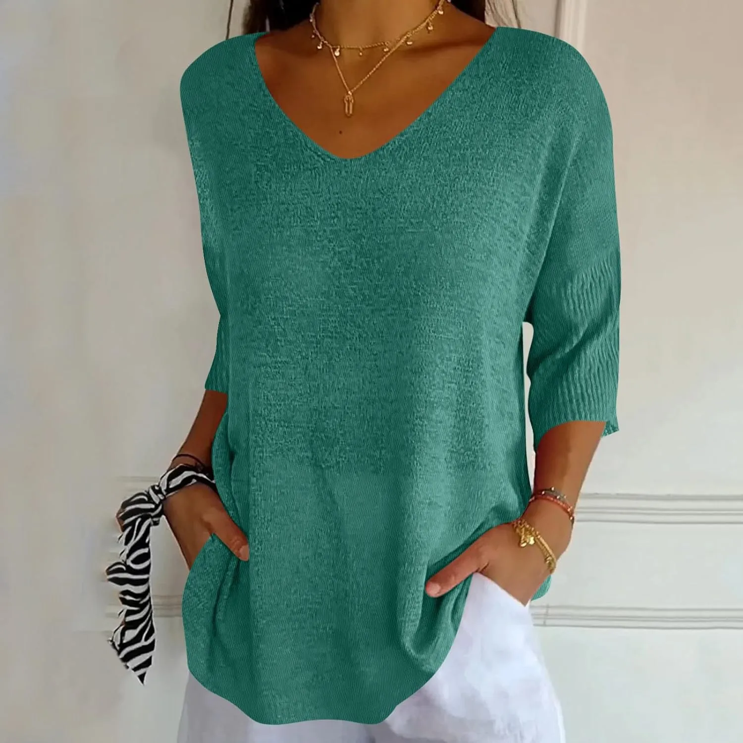 Summer Sweaters for Women 3/4 Sleeve Oversized Top V Neck Loose Fit Ribbed T Shirt Solid Color Casual Blouse