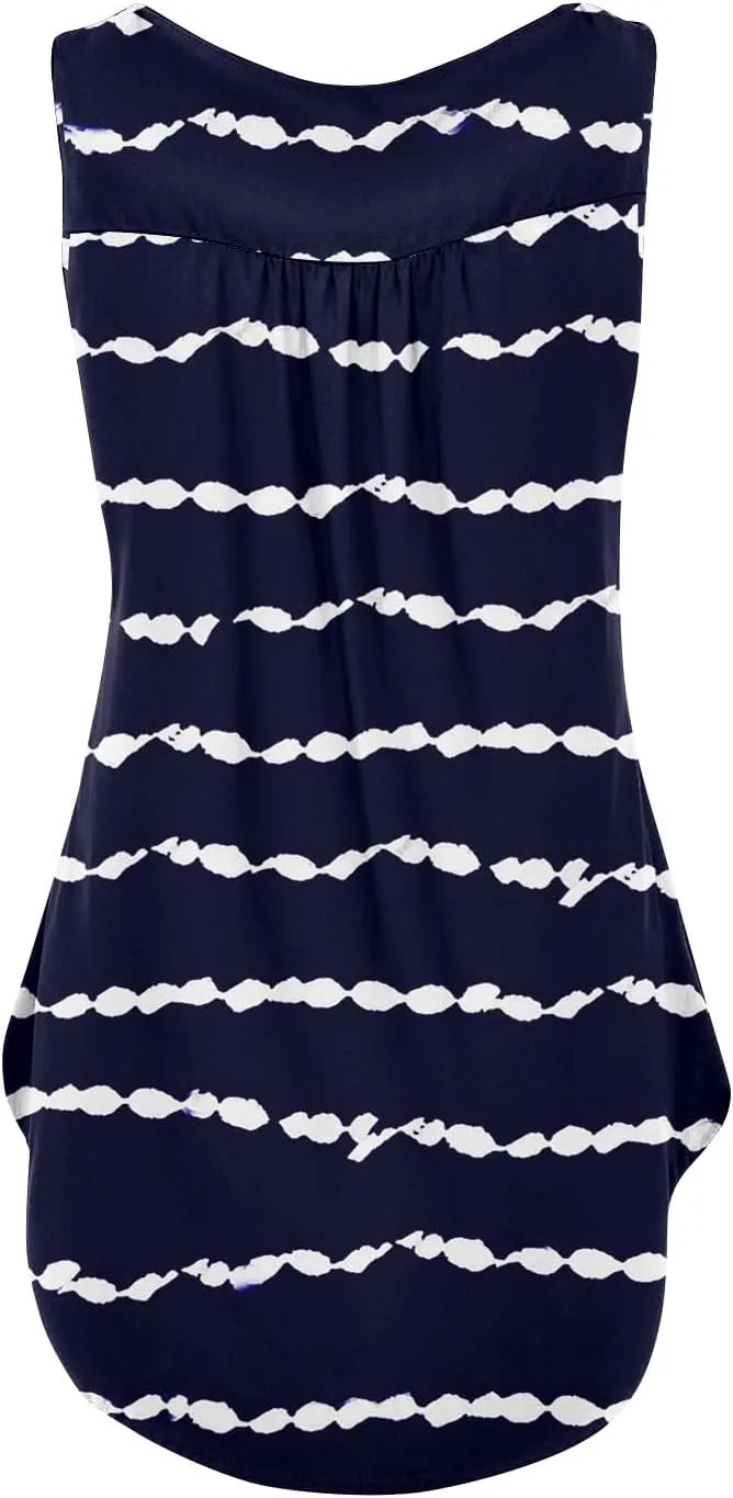 Summer Tank Tops for Women Solid Color Loose Fit Pleated Tunics Sleeveless Tops Curved Hem Flowy Button Top