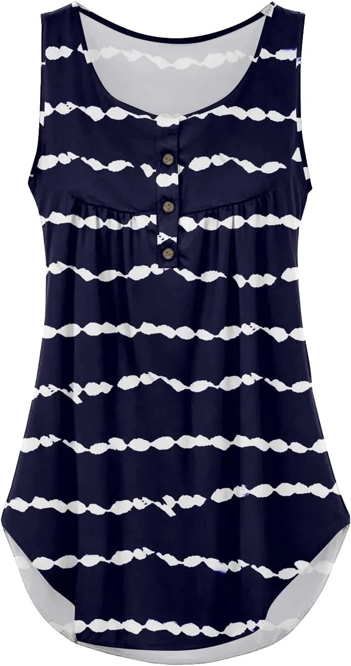Summer Tank Tops for Women Solid Color Loose Fit Pleated Tunics Sleeveless Tops Curved Hem Flowy Button Top
