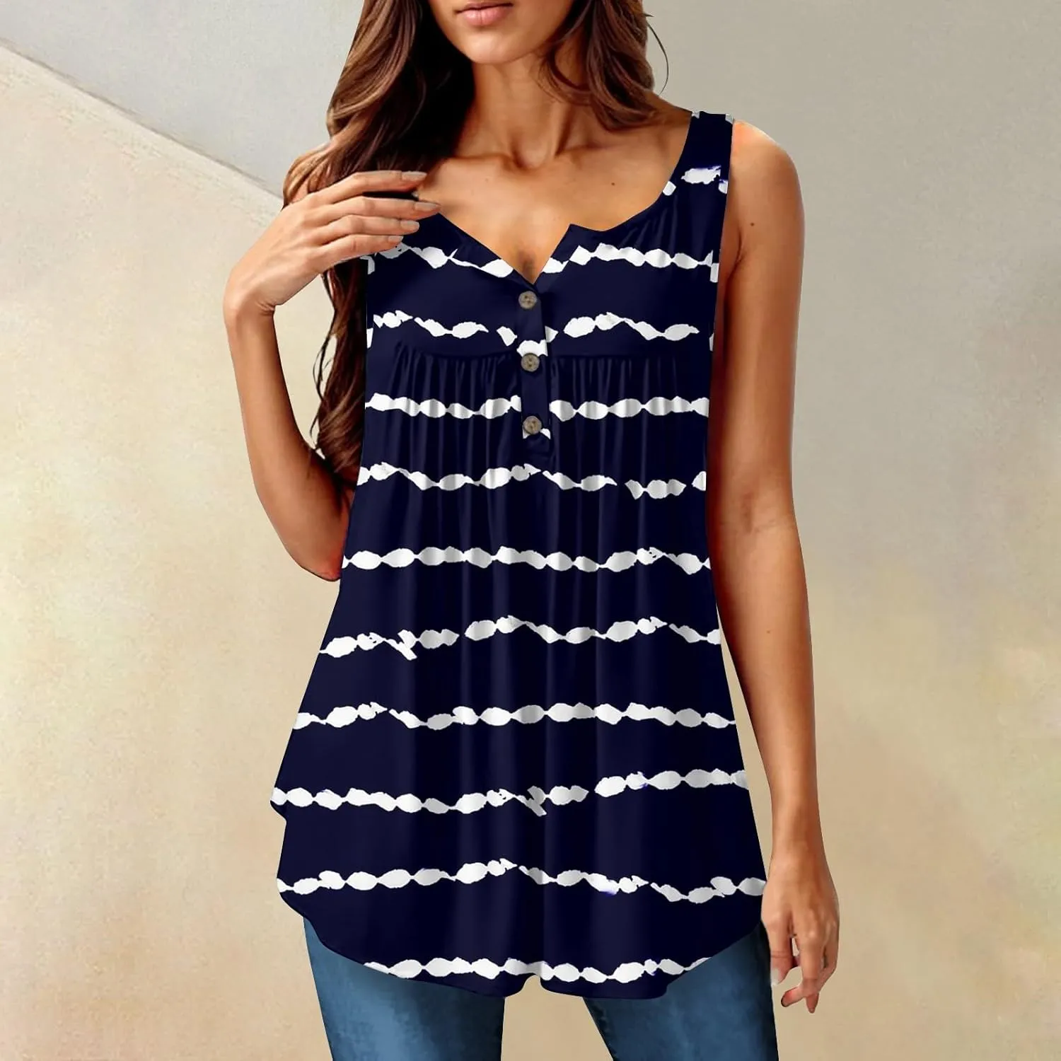 Summer Tank Tops for Women Solid Color Loose Fit Pleated Tunics Sleeveless Tops Curved Hem Flowy Button Top