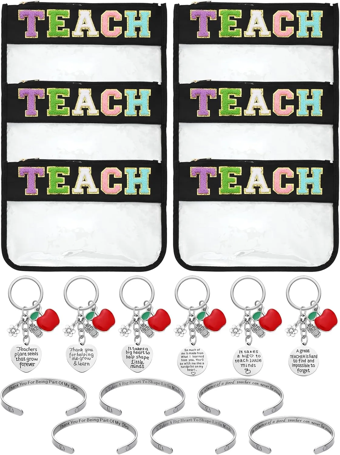 Supervitae 18 Pcs Teacher Appreciation Gifts Bulk Teacher's Day Chenille Letter Makeup Bags Keychain Bracelet Thank You Graduation Gifts Toiletry Storage Cosmetic Bag for Women Retirement Birthday