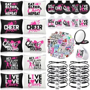 Talltalk 80 Pcs Cheerleader Gifts Set Cheerleader Mirror Cheer Makeup Bag Adjustable Bracelets Cheerleading Stickers Hair Scrunchies for Sports Party Favors and Cheer Team Gifts
