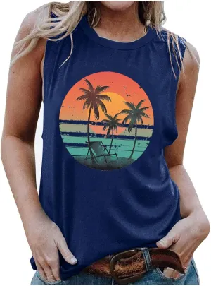 Tank Tops Women Hawaiian Sunset Beach Coconut Tree Graphic Tank Tops Summer Casual Tanks Vest Vintage Tank Cami Top