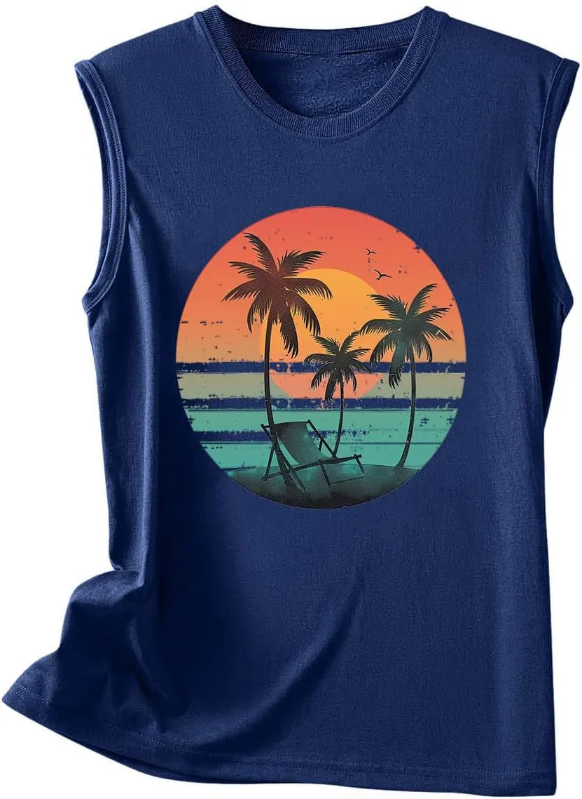 Tank Tops Women Hawaiian Sunset Beach Coconut Tree Graphic Tank Tops Summer Casual Tanks Vest Vintage Tank Cami Top