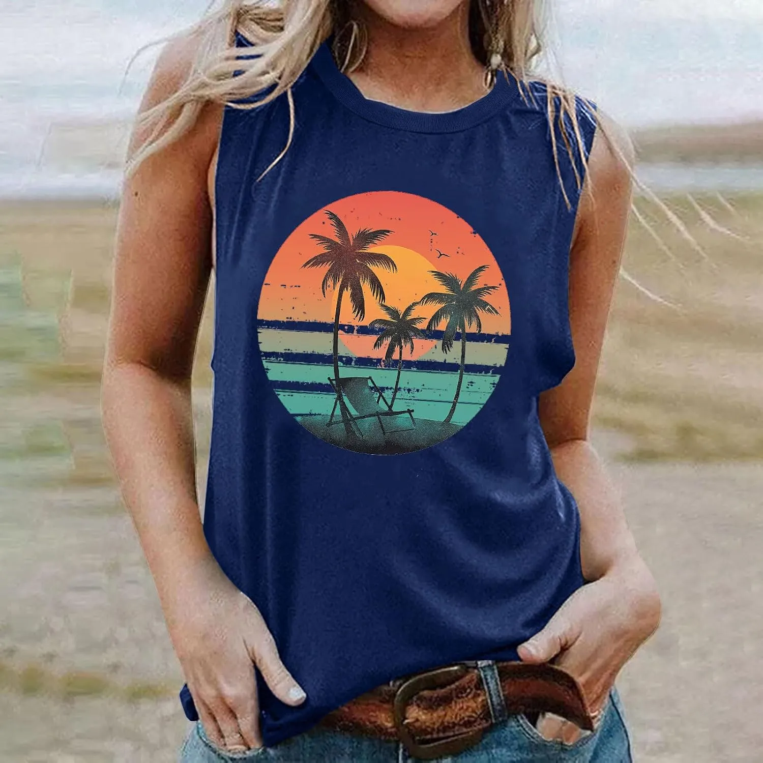 Tank Tops Women Hawaiian Sunset Beach Coconut Tree Graphic Tank Tops Summer Casual Tanks Vest Vintage Tank Cami Top