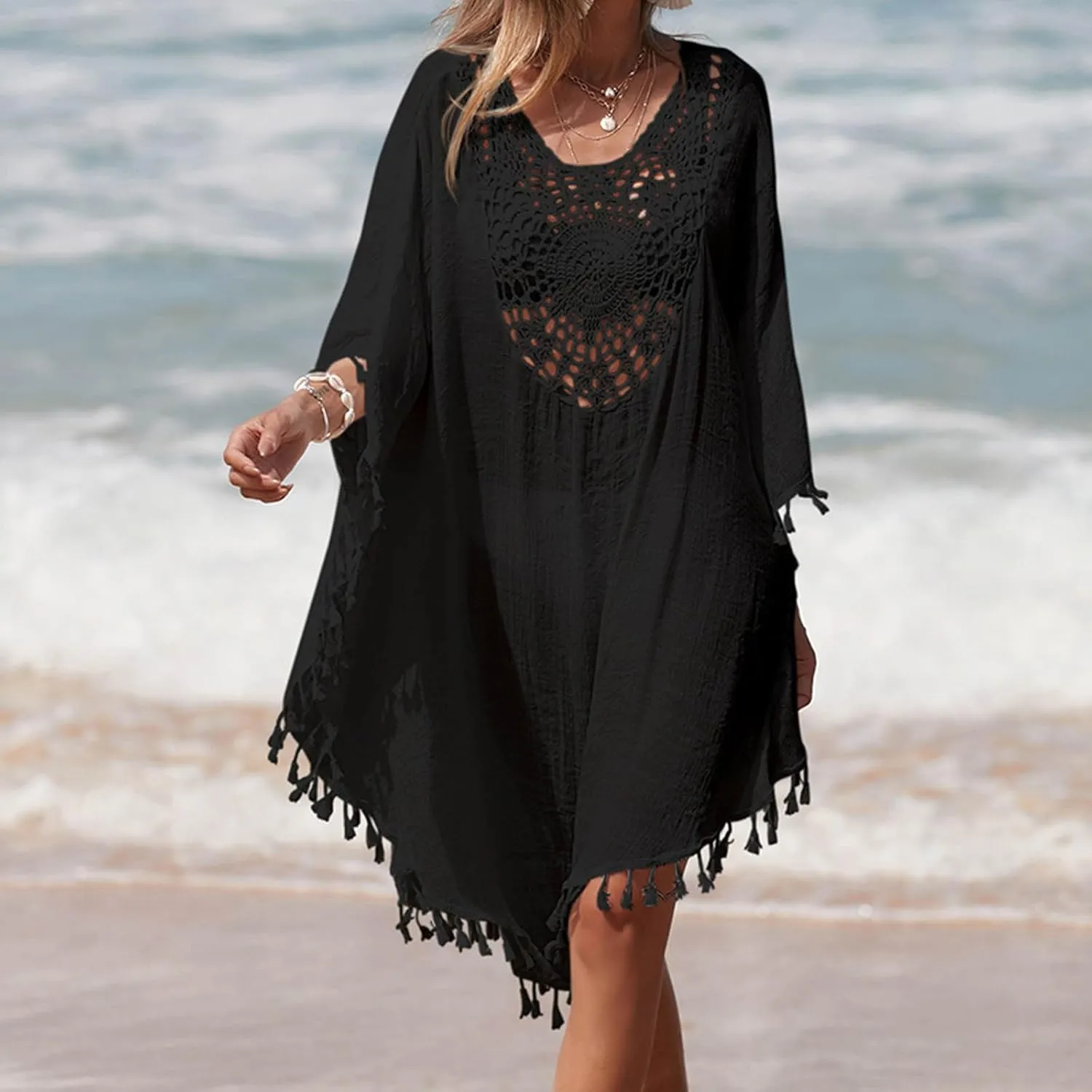 Tassel Swimsuit Cover Up Dress for Women Bohemian Bathing Suit Coverups Batwing Hollow Out Crochet Beach Outfits