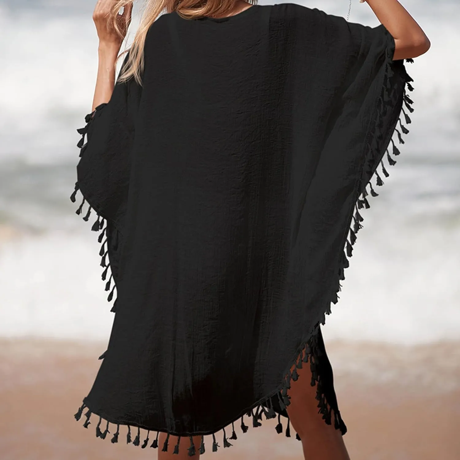 Tassel Swimsuit Cover Up Dress for Women Bohemian Bathing Suit Coverups Batwing Hollow Out Crochet Beach Outfits