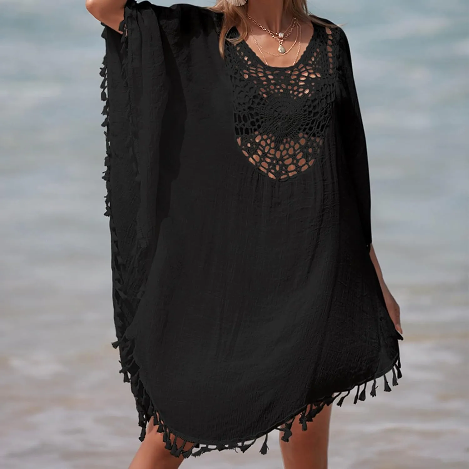 Tassel Swimsuit Cover Up Dress for Women Bohemian Bathing Suit Coverups Batwing Hollow Out Crochet Beach Outfits