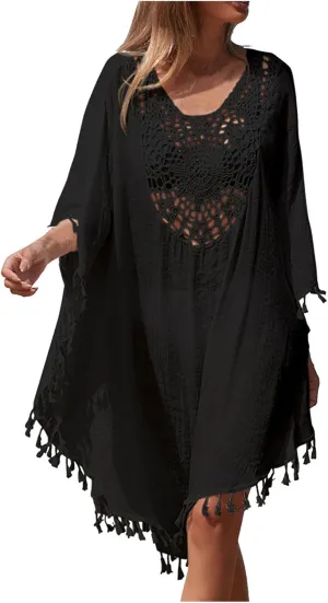 Tassel Swimsuit Cover Up Dress for Women Bohemian Bathing Suit Coverups Batwing Hollow Out Crochet Beach Outfits
