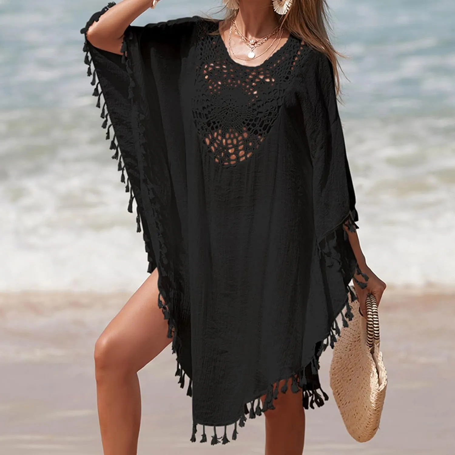 Tassel Swimsuit Cover Up Dress for Women Bohemian Bathing Suit Coverups Batwing Hollow Out Crochet Beach Outfits