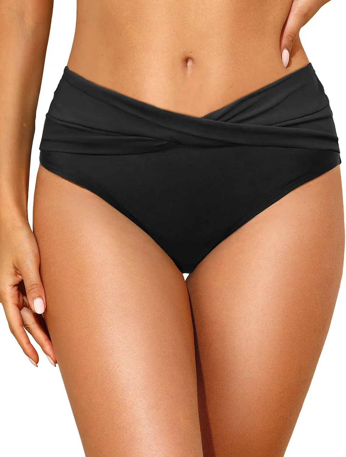 Tempt Me Women Mid Waist Bikini Bottoms - V Cut Bathing Suit Bottoms Twist Front Swimsuit Bottoms Ruched Swimwear 2025