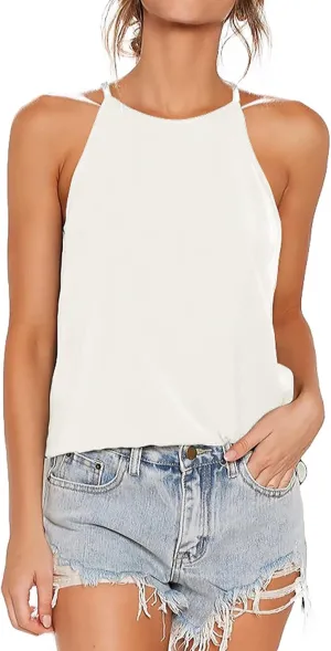 THANTH Womens Halter Tops Sleeveless Summer Strap Tank Tops High Neck Casual Cami Tops Tee