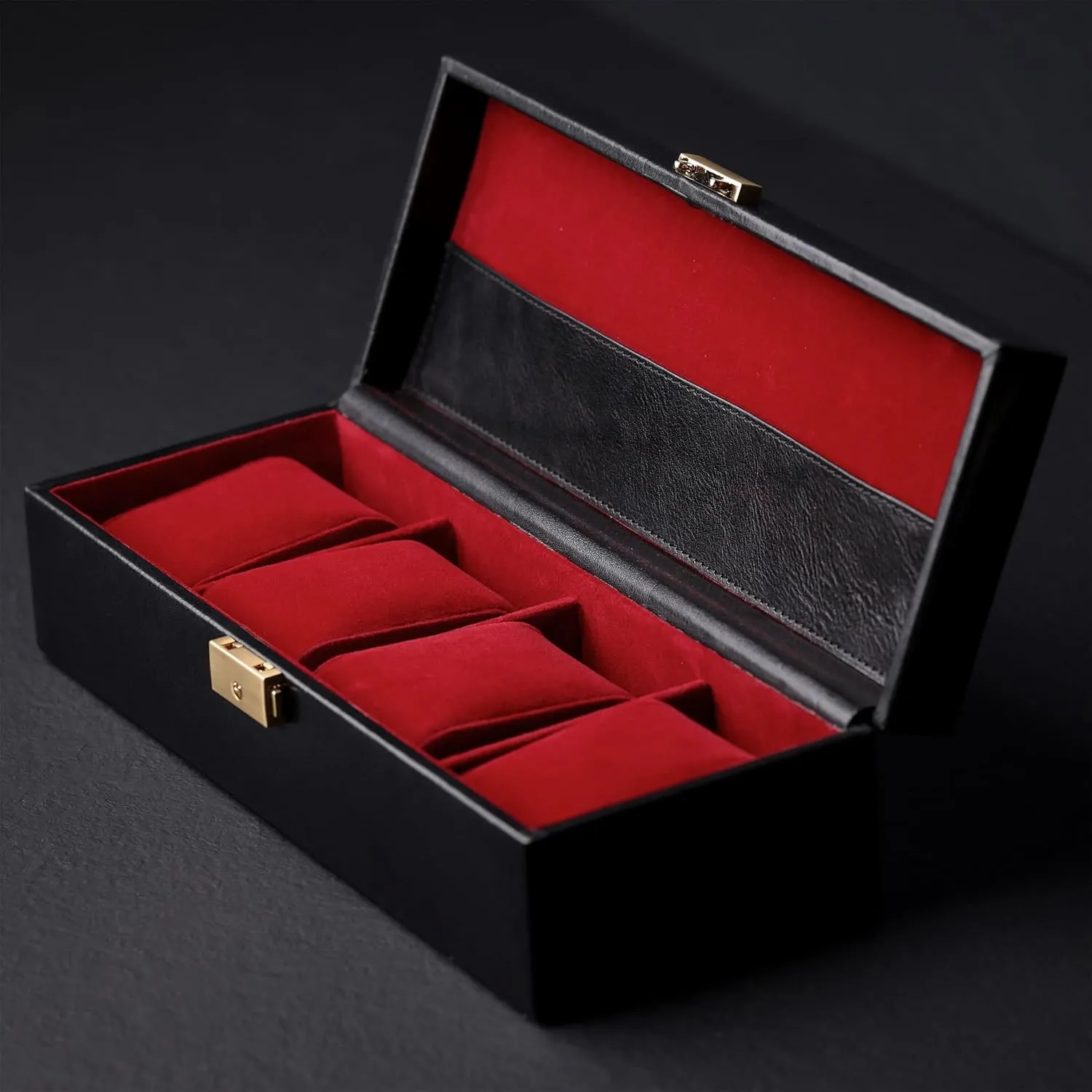 Time Resistance Leather Watch Box - 4-Slot Luxury Organizer for Men & Women, Watch Display Case (Black)