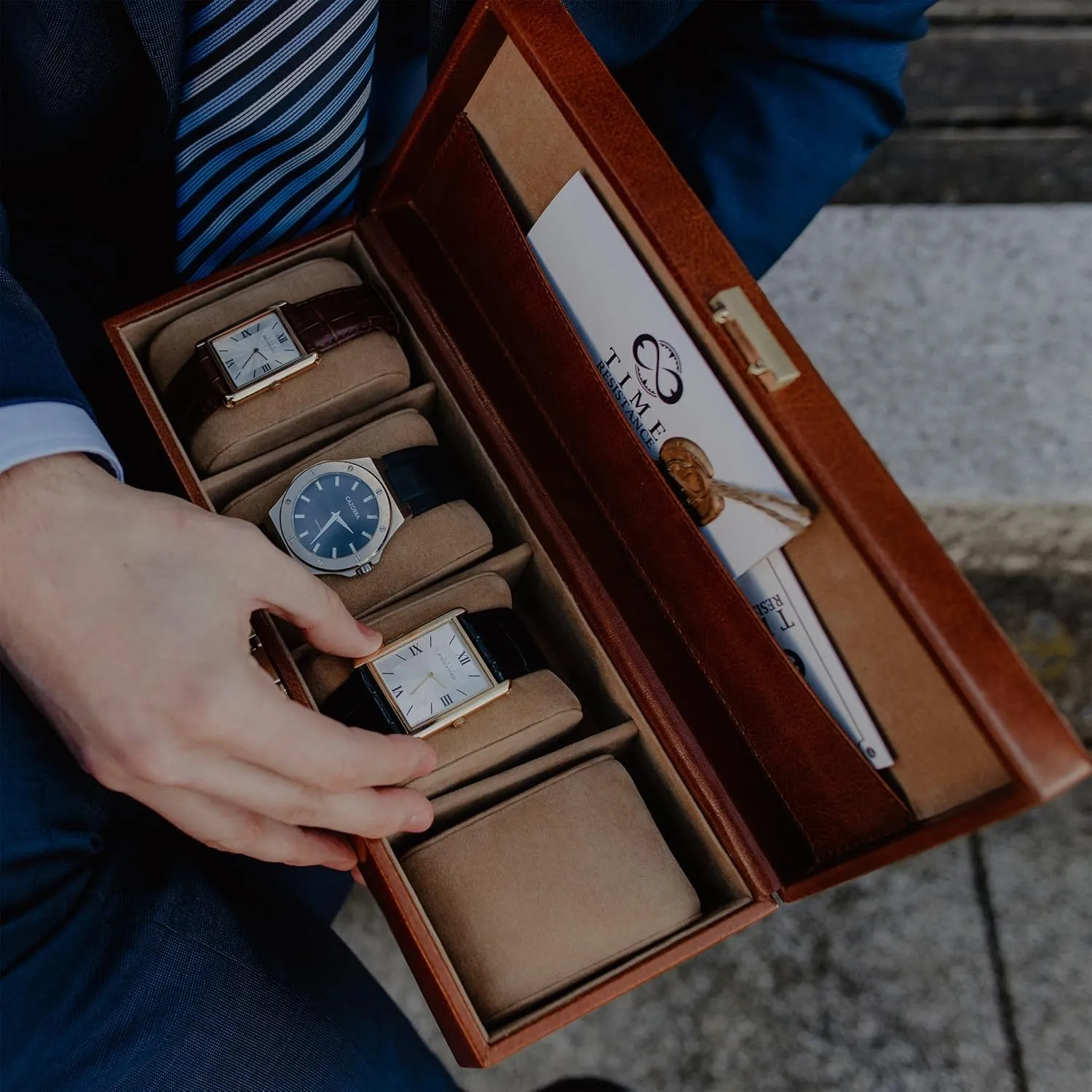 Time Resistance Leather Watch Box - 4-Slot Luxury Organizer for Men & Women, Watch Display Case (Cognac Brown)