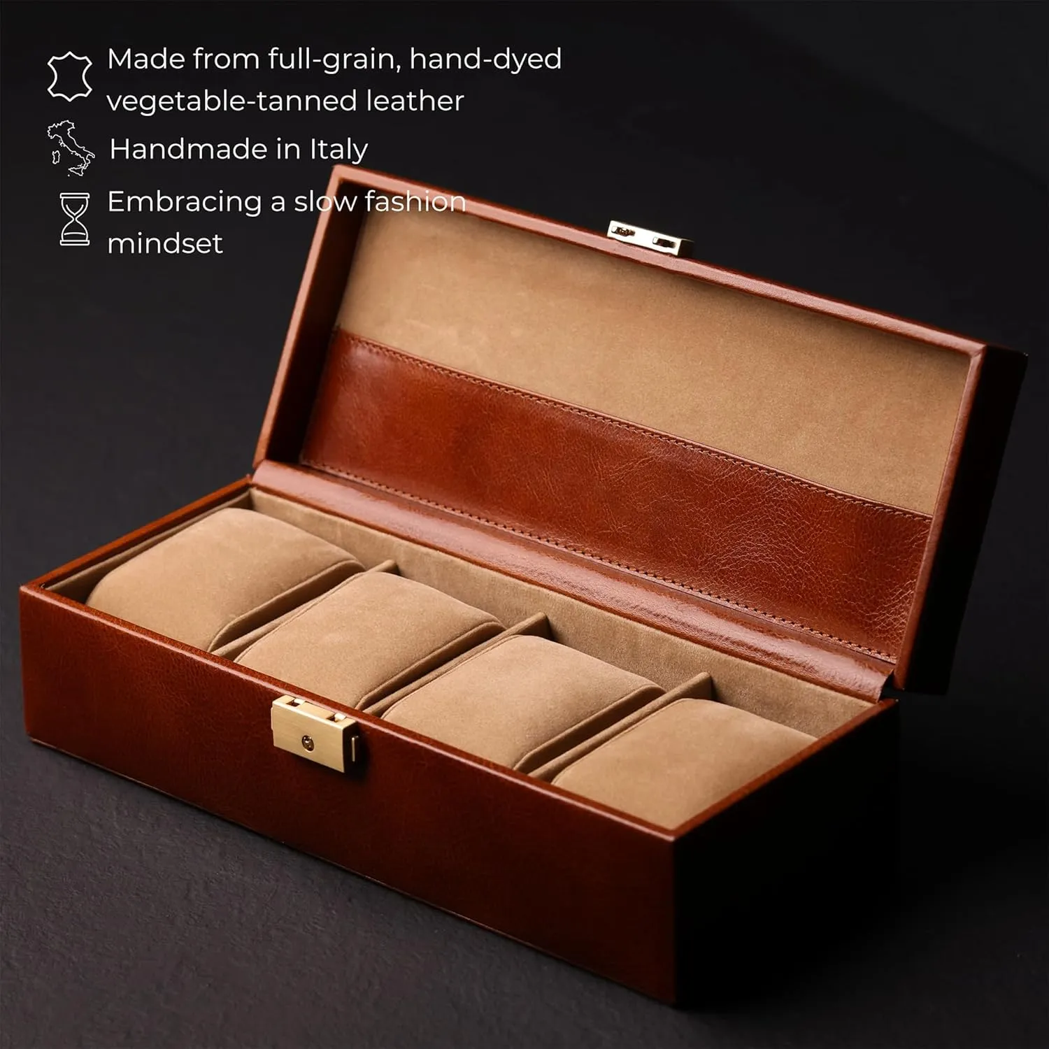 Time Resistance Leather Watch Box - 4-Slot Luxury Organizer for Men & Women, Watch Display Case (Cognac Brown)