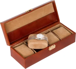 Time Resistance Leather Watch Box - 4-Slot Luxury Organizer for Men & Women, Watch Display Case (Cognac Brown)