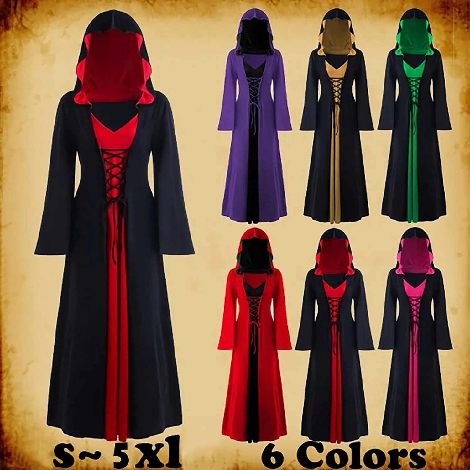 TIMIFIS Womens Halloween Costume Plus Size Renaissance Medieval Dress Victorian Maxi Dress Gothic Vampire Cloak with Hood
