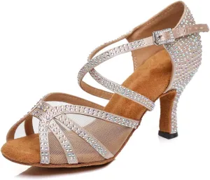 TINRYMX Women's Latin Dance Shoes with Rhinestones Cross-Strap Ballroom Wedding Party Dance Performance Sandals,Model 424