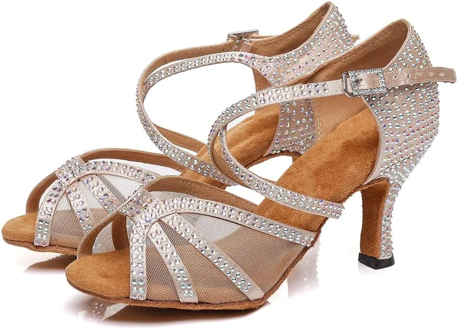 TINRYMX Women's Latin Dance Shoes with Rhinestones Cross-Strap Ballroom Wedding Party Dance Performance Sandals,Model 424